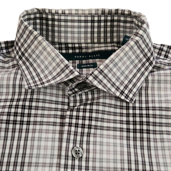 3/$20 Perry Ellis Black & Gray Plaid Non-Iron Button-Up Shirt - Picture 2 of 8